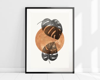 Minimalist Abstract Wall Art, Burnt Orange Circle with Black Monstera Leaves Print, Minimalist Art, Warm Neutral Print, Japandi Wall Art