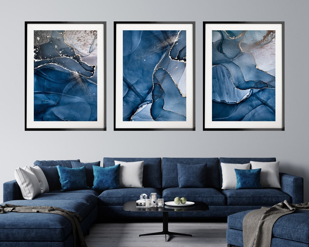 Blue, Gold and White Print Set of 3, Dark Blue Abstract Watercolour ...