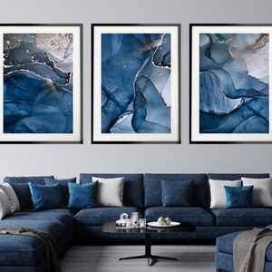 Blue, Gold and White Print Set of 3, Dark Blue Abstract Watercolour Painting, Minimalist Wall Art, Living Room Navy Blue Wall Decor
