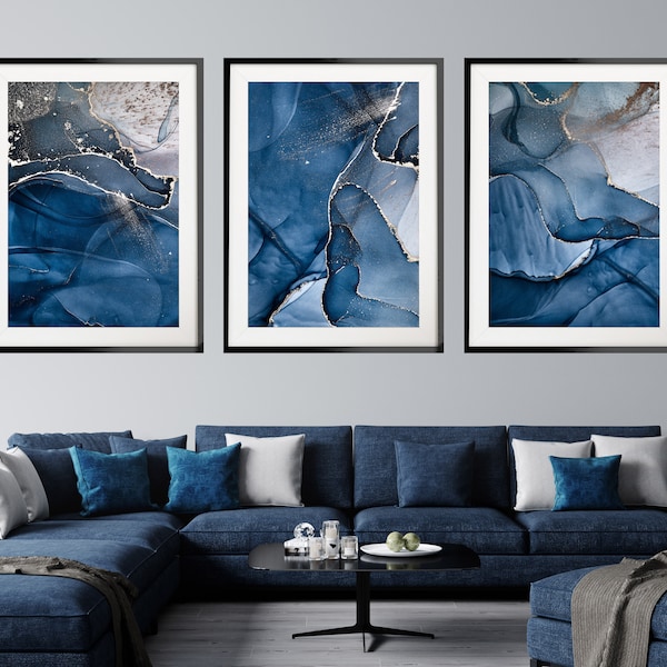 Ensemble d’impression bleu, or et blanc de 3, peinture à l’aquarelle abstraite bleu foncé, art mural minimaliste, décor mural bleu marine de salon