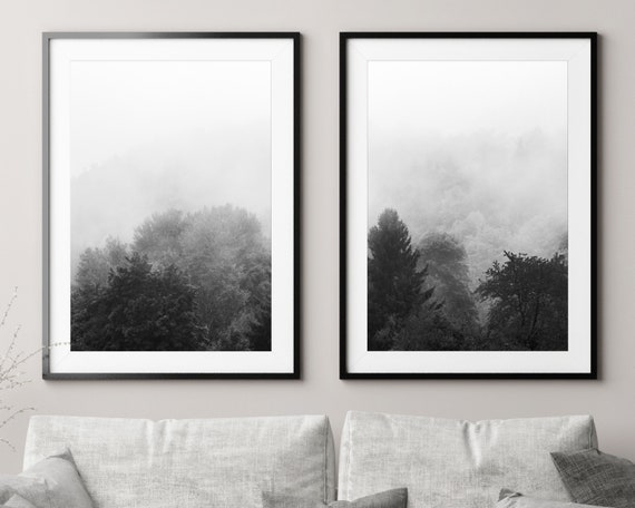 Set of 2 Foggy Forest Art Prints, Nordic Forest Art Print Set, Minimalist Home Decor, Black and White Print Set, Extra Large Grey Wall Art