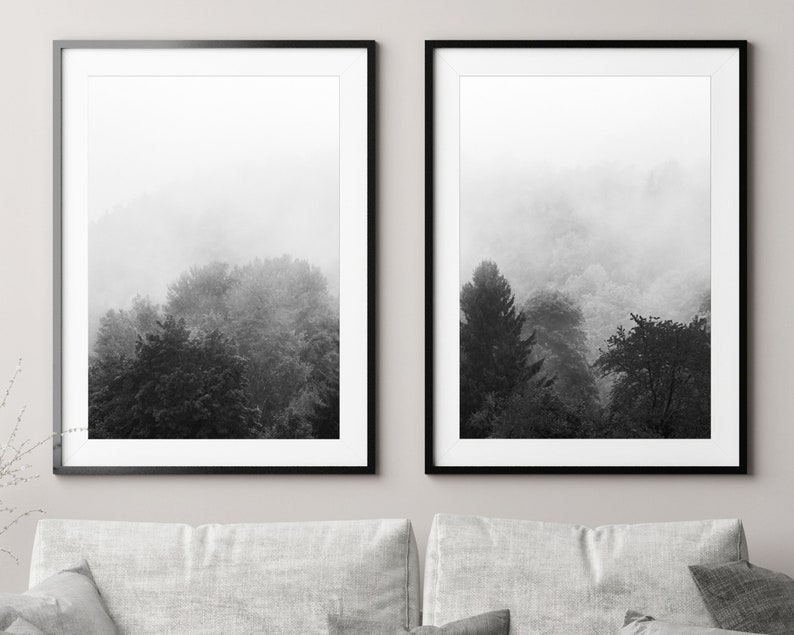 May include: Two black and white framed photographs of a misty forest scene. The photos show trees and fog in the background.