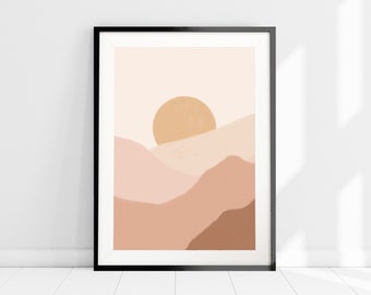 Neutral Sunset Art Print, Boho Sunset Wall Art, Scandinavian Mountain Art, Minimalist Mountain Sunset Print, Beige Art Print, Nude Wall Art