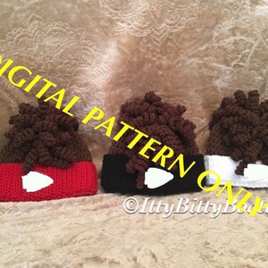 May include: Three crocheted hats with brown hair on top. The hats are red, black, and white. The text "DIGITAL PATTERN ONLY" is written diagonally across the image. The text "Itty Bitty Bodies" is written in the bottom right corner of the image.
