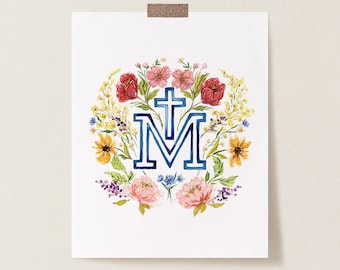 Floral Marian Cross Catholic Print