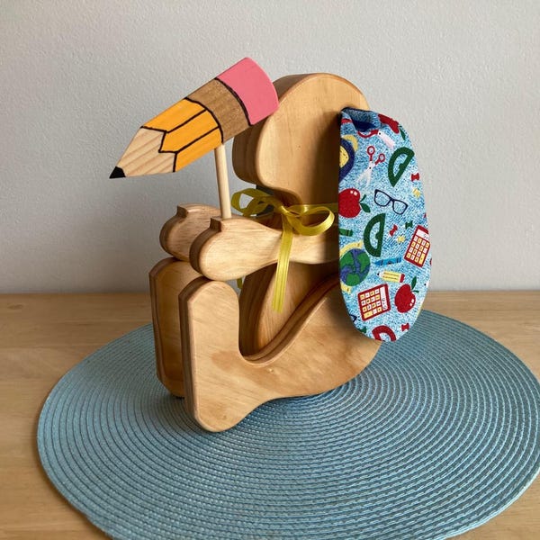 New! Wooden School Bunny Decor – Interchangeable Fabric Ears, USA Made