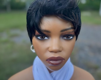 Short pixie full cap black honey blonde sleek wig