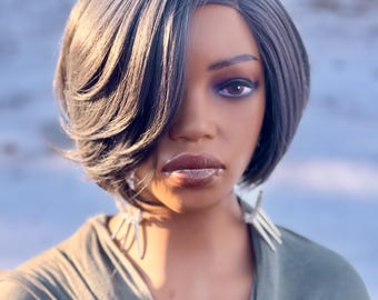 Silver laced closure Dark Gray Bob Wig Synthetic premium blend 12" Layered Curls, Side Part
