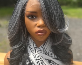 Salt & Pepper Grey Lace Wig: Bouncy Curls, Heat Resistant, 16" Synthetic Blend