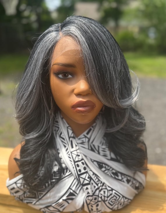 Salt & Pepper Grey Lace Wig: Bouncy Curls, Heat Resistant, 16" Synthetic Blend