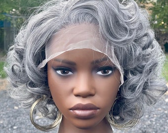 Mixed Grey Bouncy curl 8-10" synthetic heat resistant wig salt and pepper 13x4 lace wig