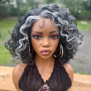 16&quot;Laced frontal side part 13x4 Mixed grey salt and pepper silver bouncy loose curl soft wave Synthetic  human hair mixed Wig