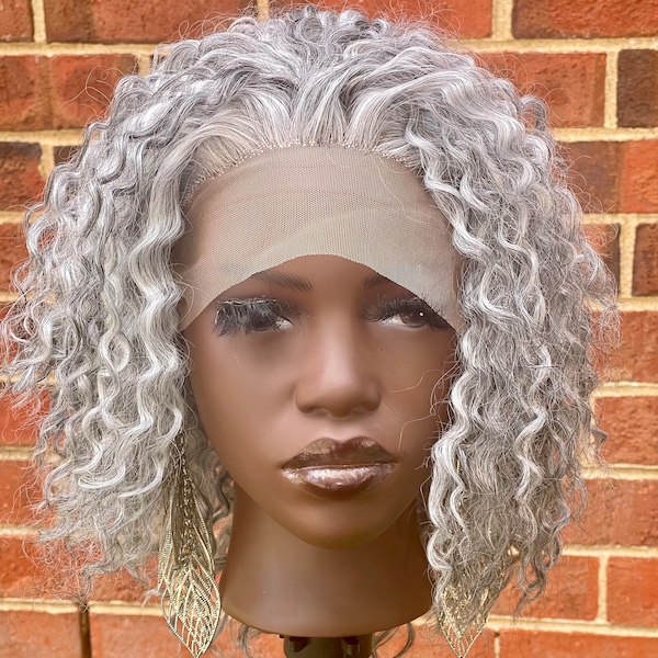 Laced frontal 13x4 Mixed grey salt and pepper silver Curly wet and water wavy Synthetic Wig