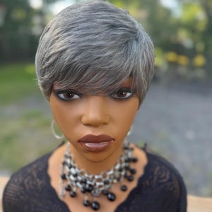 Dark Grey Silver gray shortpixie cut premium human blend  wig