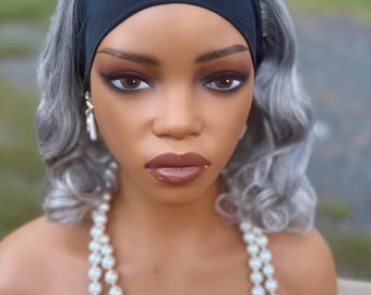 16" Platinum Grey Human Hair Blend Headband Wig, Spiral Curl