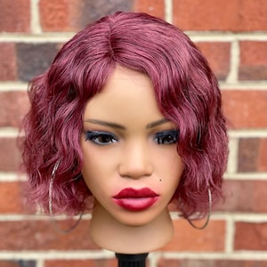 Burgundy Wavy Human Hair Side part Wig