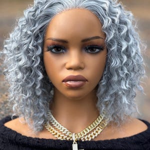 Laced frontal 13x4 Mixed grey more salt than pepper silver Curly wet and water wavy Synthetic  human hair Wig