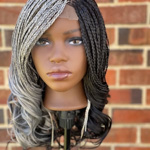 Micro braids premium mix lace closure salt and pepper silver mixed grey side part  wig