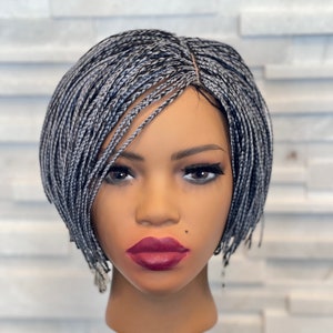 Short  Silver Mixed grey pixie bob micro braid closure wig