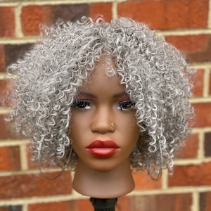 Light Grey Siver Kinky Curly Synthetic platinum full banged Wig