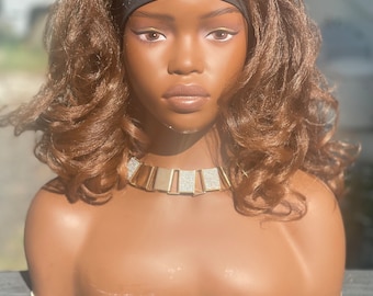 Honey blonde brown yaki Curly Headband Wig - 24" Synthetic Hair