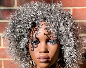Mixed Grey Dark Root Spiral Curl Kinky Curl Synthetic Wig Etsy