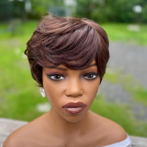 100% Human hair Short pixie brown cut Hair  wig