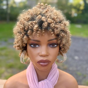 Short Kinky curl coil spiral full bang no lace wig