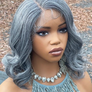 Salt and Pepper Peruk: 14" Spännande Lockar, 13x4 Spets, Sidoskillnad