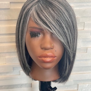 Mixed gray salt pepper light grey pixie bob with bangs NO lace wig