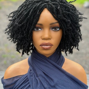 Mini Black Synthetic Spring Nubian Natural kinky twist  wig with bangs