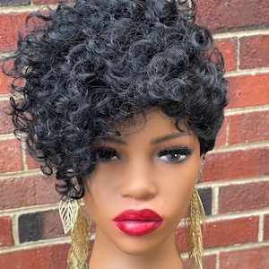 Natural Curly pixie Mohawk style short synthetic wig with bangs