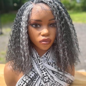 16&quot;Laced frontal side part 13x4 Mixed grey salt and pepper silver loose wet and water wavy Synthetic  human hair mixed Wig