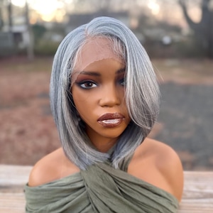 Salt and Pepper Grå Bob Peruk, 14 tum HD Spetsförslutning