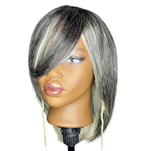 Salt and pepper mixed gray white silver platinum grey bob with bangs wig