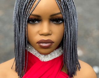 Blunt bob middle part short lace micro braid wig