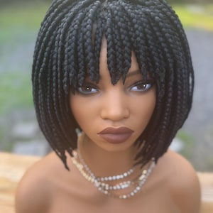 Peruca curta de 14" preta, marrom, preta, trançada, estilo bob africano com franja, renda frontal, sem cola