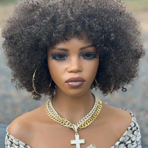 Kinky curly coil natural Afro Brown wig with bangs