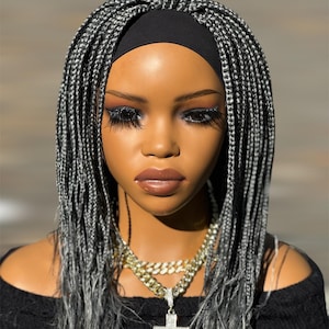 26&quot; Salt and pepper Grey silver knotless African Style Headband Box Braids wig