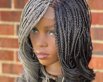 Handmade Micro Braided Wig: Salt & Pepper Silver Grey Lace  display picture 3