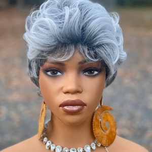 Short 4&quot;Mixed Grey Silver light Gray pixie cut machine made bob wig No Lace Synthetic fiber