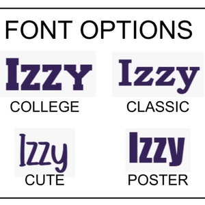 Puede incluir: Se muestran cuatro opciones de fuente para el nombre "Izzy". Las opciones son "College", "Cl&aacute;sico", "Lindo" y "Poster".