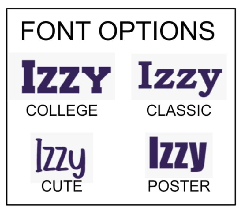 Puede incluir: Se muestran cuatro opciones de fuente para el nombre "Izzy". Las opciones son "College", "Cl&aacute;sico", "Lindo" y "Poster".