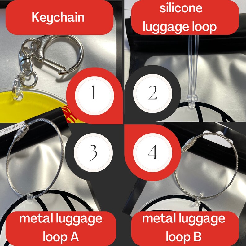 Puede incluir: Cuatro tipos diferentes de lazos para equipaje: un llavero, un lazo para equipaje de silicona y dos lazos para equipaje de metal etiquetados como "lazo A" y "lazo B".