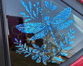 Iridescent Floral Dragonfly Car Decal -  Chrome Crackle Vinyl Window Sticker (7x7)