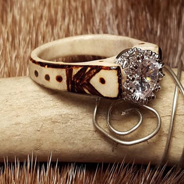 Whitetail Antler Ring with Silver Plated Cubic Zirconia Setting