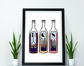 ボストンのワインボトル - ワインボトルアート - ボストンのマサチューセッツアート - ワインプリント - 都市プリント - ボストン市のプリント - ボストンのポスター