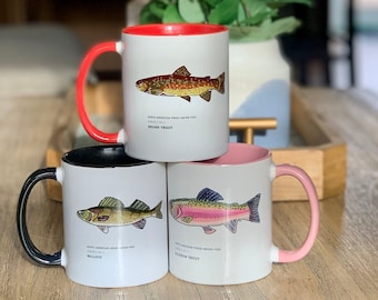 Fish Coffee Mugs - Fish Mug Design - Brook Trout Mug - Brown Trout Design - Rainbow Trout  - White Crappie Fish Mug - Walleye Fish