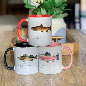 Fish Coffee Mugs - Fish Mug Design - Brook Trout Mug - Brown Trout - Rainbow Trout  - White Crappie Fish Mug - Walleye Fish - Free Shipping