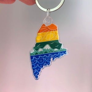 Maine Key Chain - Maine Keychain Art - Maine Skyline Art - Maine State Keychain - Colorful Maine Keychain - Shape of State of Maine Keychain